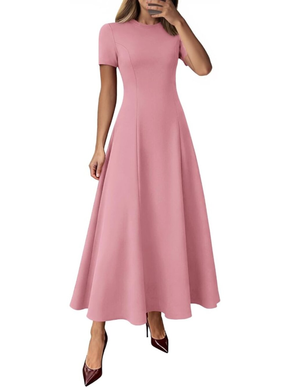 Women's Pink Crewneck Short Sleeve A Line High Waist Wedding Guest Maxi Dresses